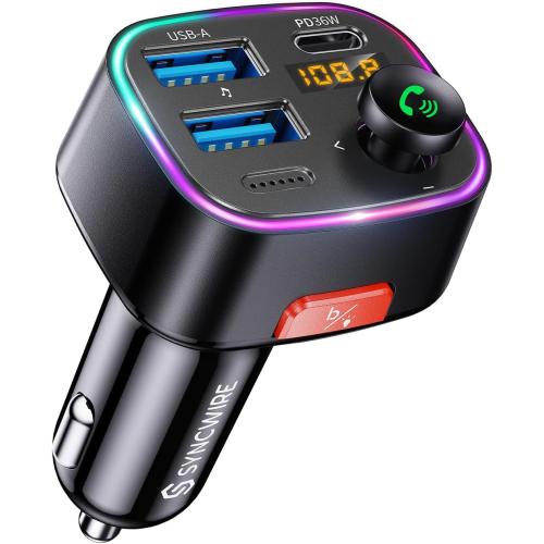 Syncwire Bluetooth 5.4 Car Adapter 48W FM Transmitter for Hands Free Calls | Light Switch, Fast Charge (PD 36W & 12W), HiFi Bass Sound, LED Display, USB Drive Support, Wireless Radio Music Adapter