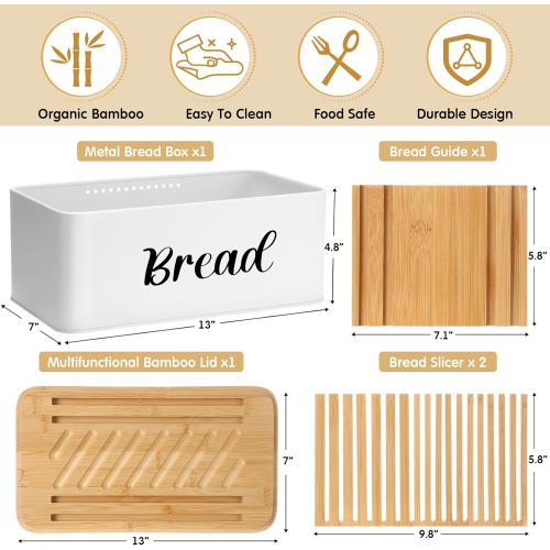 Bread Box with Bread Slicer Storage Container for Kitchen Countertop Food Storage with Multifunction Bamboo Lid, 3 in 1 Breadbox Removable Cut Board for Loaf Slicing (White,Wood, Metal,Bamboo)