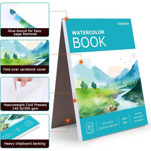 Hapikalor Watercolor Paper Pad, 9x12 Water Color Paper, 140lb/300gsm Artist Painting Drawing Paper Book, Art Supplies for Adults Kids, Watercolors, Watercolor Paint Set, Sketchbook, Journal, Teal