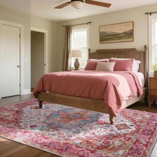 Large Area Rug for Living Room, Machine Washable Vintage Rugs -Low Pile Carptet, Soft Distressed Floral Rugs for Kitchen, Dining Room, Bedroom, Plum