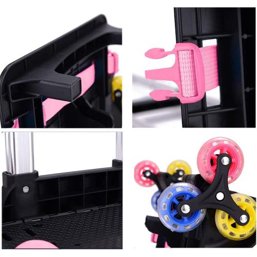 Color Black and Pink Backpack Trolley, Wheeled Trolley Aluminium Alloy Foldable Hand Cart 6 Wheels Rolling Luggage Carts for Kids School