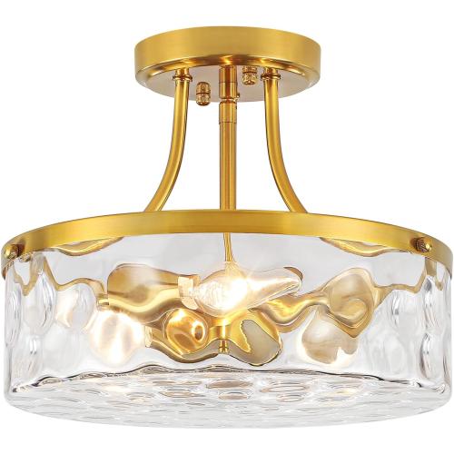 Brushed Gold Semi Flush Mount Ceiling Light Hammered Glass Light Fixture