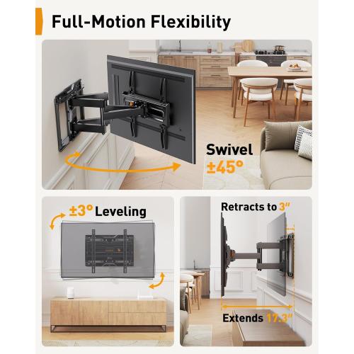 Perlegear Full Motion TV Mount for 32-69 Inch TVs up to 99 lbs, Max VESA 400x400mm, Fits 16”/12” Wood Studs, Height Adjustable Pre-Assembled TV Wall Mount, Tool-Free Tilt, Swivel & Extension, PGMF21.