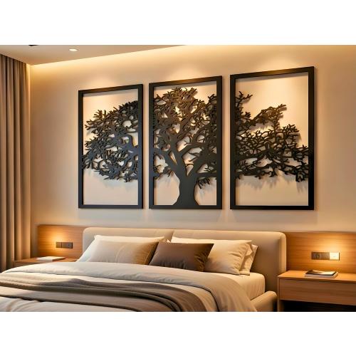 Vailla Tree of Life Wall Art 3pcs Family Tree Wall Decor 3D Wooden Wall Hanging Sculpture Modern Home Decoration 3 Panels Textured Sculptures for Living Room Bedroom Office Dinnig Room