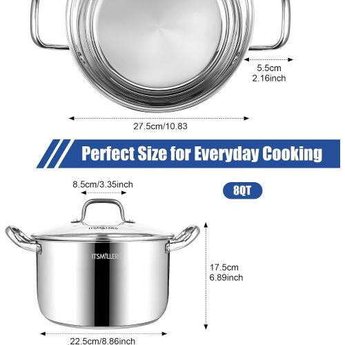 Stainless Steel Stock Pot - 8 Quart, Soup Pot Induction Compatible, Cooking Pot with Riveted Handle, Oven & Dishwasher Safe
