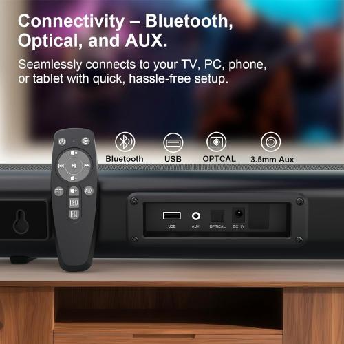 Sound Bar for Smart TV –50W, TV Sound Bar, Optical/AUX Connectivity/USB/Bluetooth, Remote Control, Wall-Mountable Home Theater Audio, with TV, Gaming, Gaming, and Mobile Phone