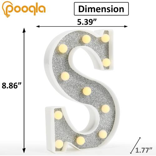 Pooqla Colorful Light Up Letters, Led Marquee Letter Light Sign Battery Powered, 18 Colors Lamp with Remote for Birthday Party Wedding Home Christmas Decoration, Glitter Silver Letter S