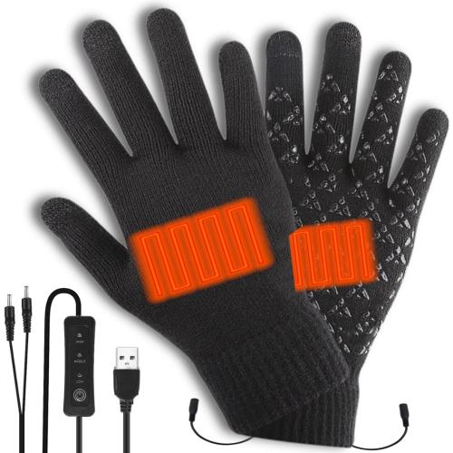 Black Lightweight Winter USB Electric Heated Gloves for Men Women-Touch Screen Thermal Hand Warming Black Knit Gloves