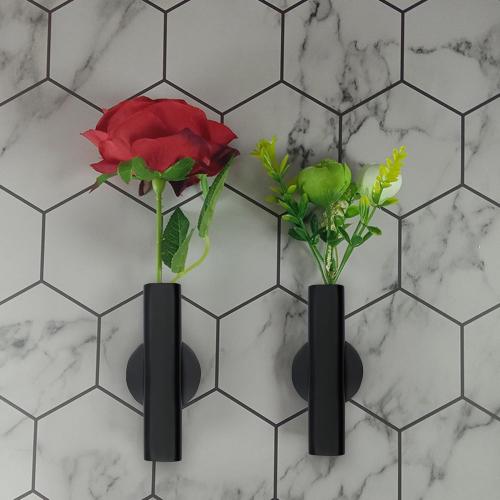 7 Wall-Mounted Flower Tube, Top/Bottom Open Vase, Wall Metal Flower Tube Decoration Holder for Flower Display, Home Office Living Room Bedroom Decoration with Adhesive Material, 2pcs(Black)