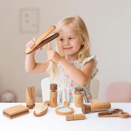 11-Piece Wooden Makeup Toy Set for Girls, Pretend Play Makeup Kit for Toddlers & Kids with Mirror, Lipstick, Hair Straightener & Storage Bag, Christmas Birthday Present for Ages 3-6 Years Old