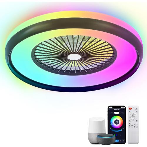 24 Low Profile Ceiling Fans with Lights, Smart RGB Ceiling Fan with Alexa/Google Assistant/APP Control, Bladeless Flush Mount Enclosed Ceiling Fan Dimmable Color Changing LED Ambient Bedroom