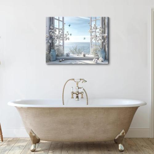 Birnsen Coastal Flower Bathroom Canvas Wall Art (Canvas, 36L x 24W)