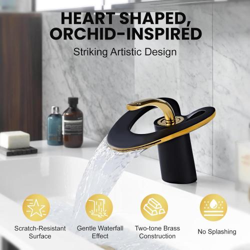 Black Gold Waterfall Sink Single Hole Vanity 1 Handle Brass Modern Unique Bathroom Faucets, 2 Tone Single Lever Copper Swan Style Vessel Hollow Faucet with Deck Plate for 3 Hole