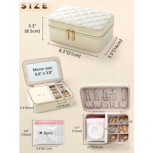 Velvet Travel Jewelry Box with Large Mirror, Double-Layer Jewelry Organizer Case for Women and Girls, Portable Storage Case with 6 Anti-Tarnish Bags Gift Ready for Her (Beige)