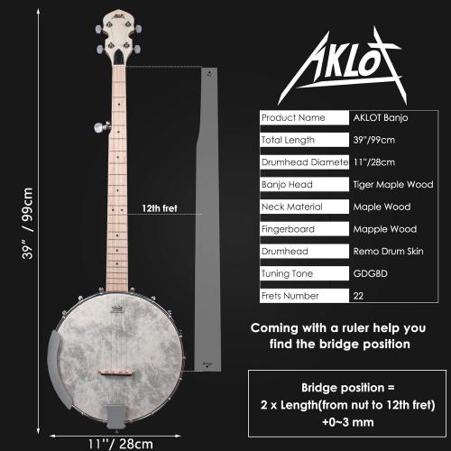 AKLOT 5 String Banjos Full Size Open Back Banjo Adjustable Maple Body Remo Head with 2 Tuning Wrench, 4 Picks, Strings, Tuner, Strap Ruler, Cleaning Cloth, Gig Bag for New Beginner Professional