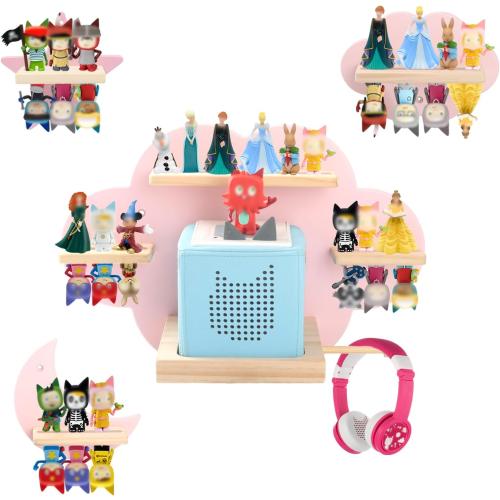 for Toniebox 2/1 Tonie Shelf Wall Mounted Set,Tonies Figures Tonies Storage,Magnetic Wooden Floating Shelves Compatible with Tonie Box Player Character for Children Room(Pink-Set)