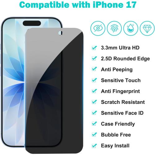 PEHAEL 3 3 Pack for iPhone 17 Privacy Screen Protector with Camera Lens Protector Full Coverage Anti-Spy Tempered Glass Film 9H Hardness Easy Installation Bubble Free [6.3 inch]