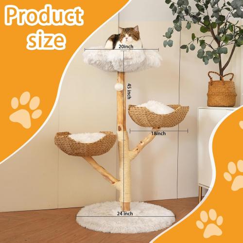 Size 45 Modern Cat Tree Tower, 45” Wooden Cat Tree for Indoor Cats Large Adult, Real Solid Luxury Cat Condo with Scratching Post for Multi-Cat Households