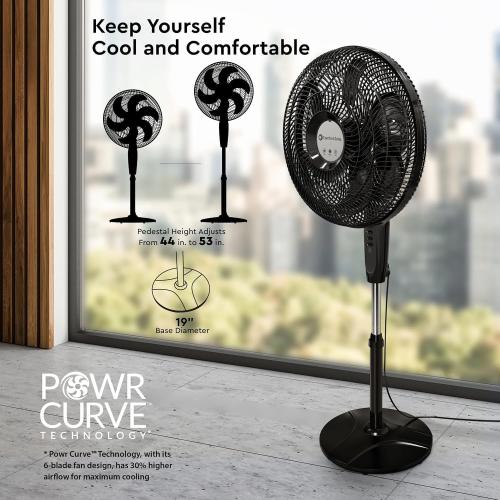 Comfort Zone PowrCurve Oscillating Pedestal Stand Fan, 18 inch, 6 Blades, Tri-Curve Grill for Reduced Noise, 180° Adjustable Tilt, Button Control, Ideal for Home, Bedroom & Office, CZST180BK