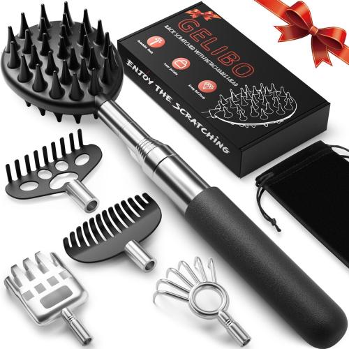 Gelibo Telescoping Large Back Scratcher with 5 Detachable Heads,Rubber Handles Gifts for Him, Gifts for Men, Extendable Back Massager Tool with Beautiful Box