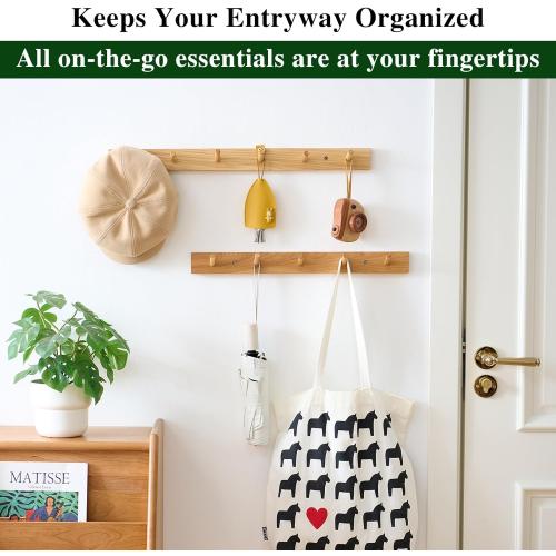 Size 24 Color Hickory Wood Coat Rack Wall Mount 24 inches, Wooden Coat Hooks with 6 Hooks Coat Hanger for Hanging Hat Jacket Purse, Wall Hooks for Entryway, Bathroom, Bedroom, Natural