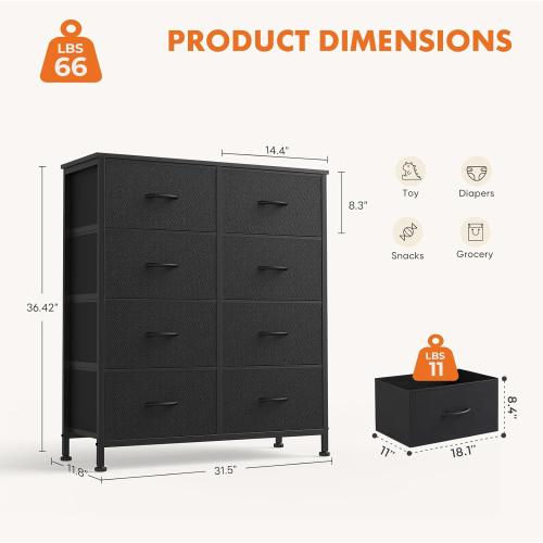 Sweetcrispy 8 Drawer Dresser with Fabric Bins Fabric Storage Tower Organizer for Bedroom Closet Hallway Entryway Tall Chest of Drawers with Steel Frame Wood Top Easy Pull Handles,Black