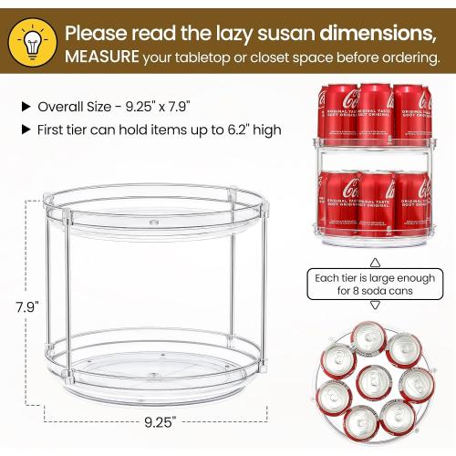2 Set 2 Tier Non-Skid Acrylic Lazy Susan Turntable Organizer - Rotating Spice Rack - Spinning Organization for Kitchen, Pantry, Countertop, Closet, Bathroom, Vanity, Medicine Cabinet Organizing,9.25''