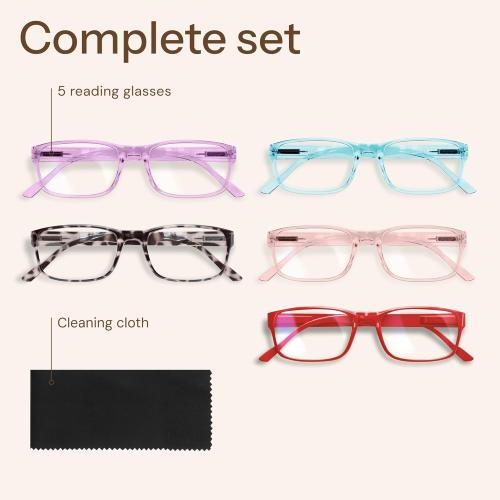 Gaoye Reading Glasses Blue Light Blocking, Spring Hinge Readers for Women Anti Glare Filter Lightweight Eyeglasses (5-Pack Mix Color 2, 2.75)