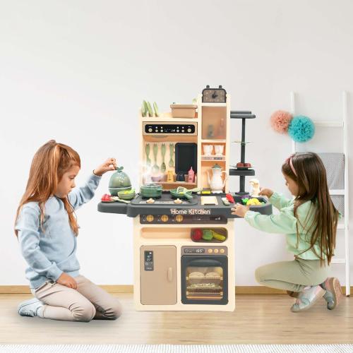 Play Kitchen for Kids, Interactive Play with Lights and Sounds, Real Steam, Play Sink, Cutting Food Set, 65 PCS Toy Kitchen Set for Boys Girls