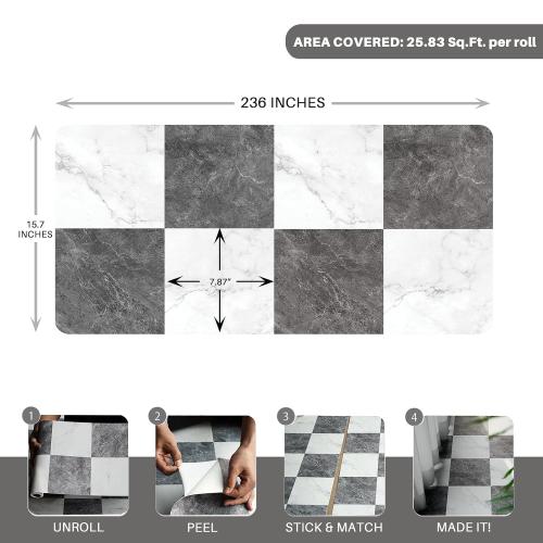Checkered Peel and Stick Vinyl Flooring Roll – 15.7x 236 Matte Finish Self Adhesive Floor Paper with Wear Layer, Covers Old Floors, Quick Fix for Flooring Jobs, 1-Person Update for Kitchen, Bathroom