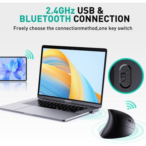 Bluetooth and 2.4G (2-in-1) Rechargeable Wireless Mouse, Ergonomic Vertical Design, 1000/1200/1600 DPI, 6 Silent Buttons, for Laptop, Computer, PC, MacBook, Chromebook-Black