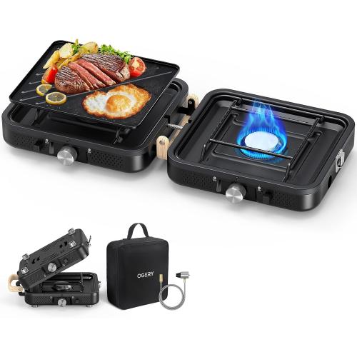 Black OGERY 2-Burner Foldable Camping Stove with Griddle (Textured & Smooth) and Carrying Bag, Portable Propane Camp Stove with 2 Adjustable Burners & Piezo Ignition, for Camping Tailgating Essentials Gear