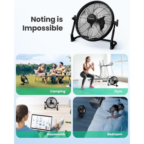 Size 14 Portable Battery Operated Fan, Rechargeable Floor Fan, Hi-Velocity Cordless Camping Fan, USB Phone Charge, 12-60H Runtime, Quiet, Wireless, For Gym Shed Travel Home Outdoor Garage Tent Car Barn
