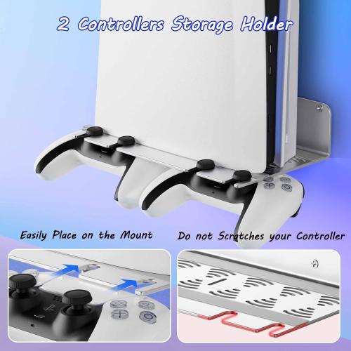 ZHGM Wall Mount for PS5 Slim/PS5 Pro/PS5, Metal Wall Mount Kit for Playstation 5 Console & Controllers, Enhance Heat Dissipation Console Wall Mount, Space Saving & Stable Wall Stand Holder (Silver)