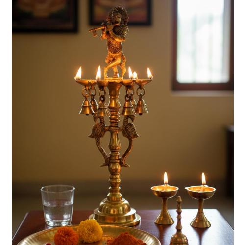 Brass Krishna Oil Lamp | Home Decor | Brass Diya Deepam Lamps | Kuthu Vilakku | Lamps for Home and Office - 16.5 Inches - Big Size