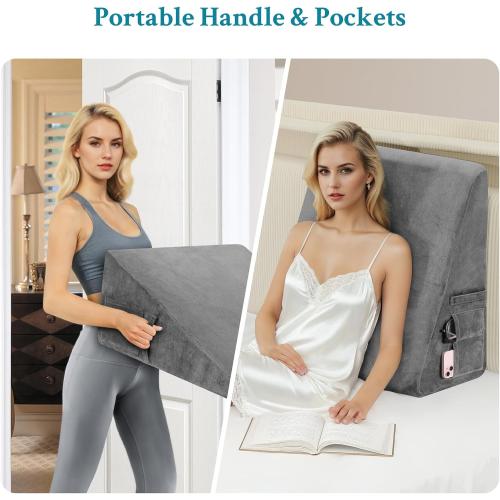 Dark Grey Wedge Pillow for Sleeping, Bed Wedge Pillow for After Surgery, Triangle Pillow Wedge for Heartburn, Acid Reflux, GERD, Back Pain Relief, Neck Pain, Soft & Cooling Memory Foam Top