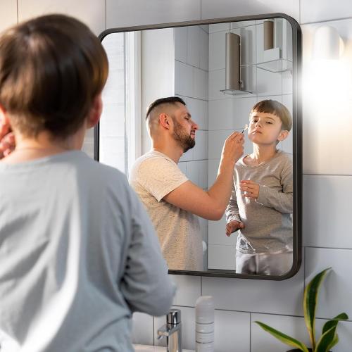 28x28 Black Square Mirror, Bathroom Mirrors for Over Sink, Rectangle Bathroom Vanity Mirror for Wall, Large Modern Metal Frame Shatterproof Rectangular Mirror for Restroom Powder Room Toilet