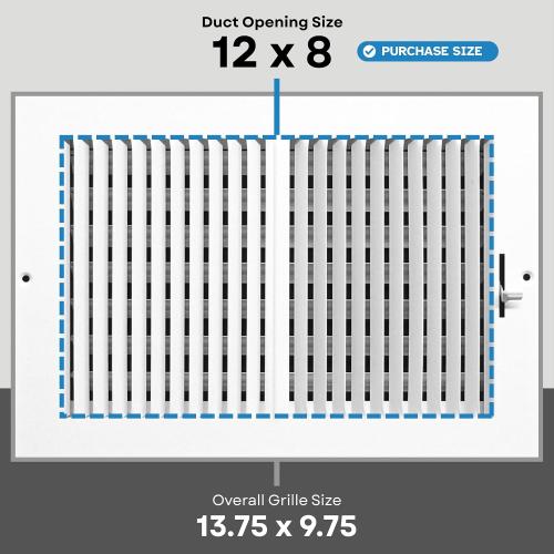 12x8 Supply Air Vent Cover 2-Way Grille for Wall or Ceiling Duct Opening - Adjustable Register Flat Stamped Face Air Diffuser by HVAC Premium - White - Overall Size: 13.75 x 9.75