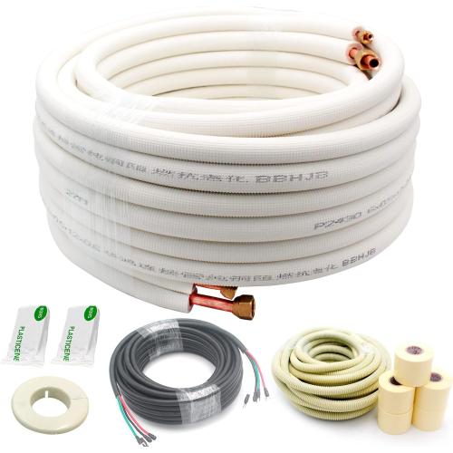 50ft Length Mini Split Line Set 1/4 3/8 OD Copper Pipes Tubing and 3/8 White PE Thickened Insulated with Flared Nuts for Mini Split Air Conditioner HVAC or Heat Pump for 9000BTU (1/4 3/8 with wires)