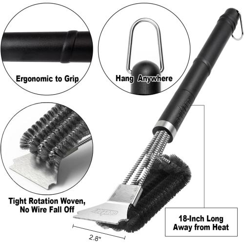 GRILLART Grill Brush and Scraper BBQ Brush for Grill, Safe 18 Stainless Steel Woven Wire 3 in 1 Bristles Grill Cleaning Brush, BR-4516