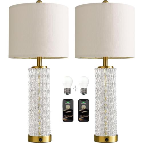 Oneach 27.75” Table Lamps Set of 2, Gold Modern Bedside Lamp with LED Night Light, USB A C, Glass Lamps for Living Room, Bedroom, Nightstand, Office, End Table (2 Bulbs Included)