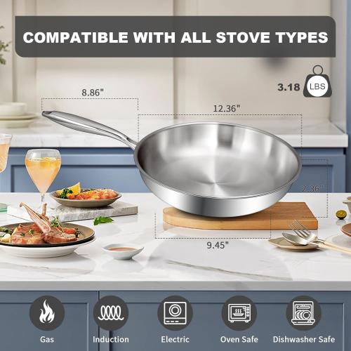 EWFEN 12 Inch Tri-Ply Stainless Steel Frying Pan, Compatible with All Cooktops Up to 600℉, Large Frying Pan Induction-Ready Skillet, Dishwasher and Oven Safe, Even Heat, 12 Skillet