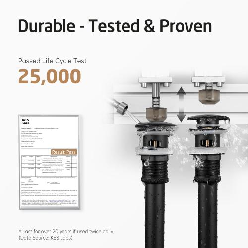 Black KES Bathroom Sink Drain with Overflow Vessel Sink Stopper Pop Up Drain Assembly Matt Black for 1.6-1.9 Sink Hole, All Metal Rustproof Brass and 304 Stainless Steel, S2008A-BK