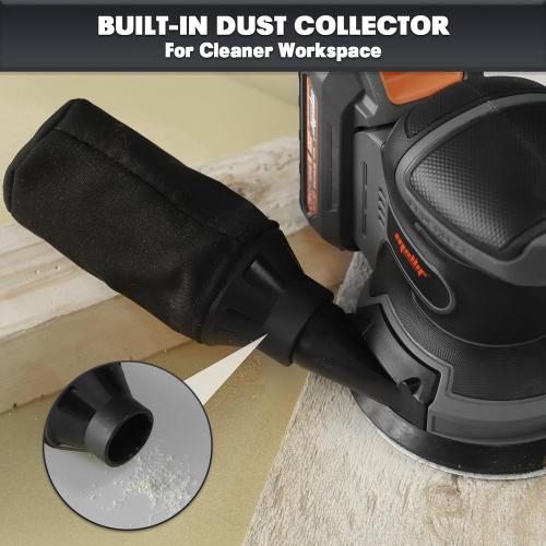 Black and Grey 5 Mellif 5 Inch Random Orbital Sander Compatible with Dewalt 20v Max Battery, Cordless Brushless Palm Orbit Sander, Dust Bag, 6 Speeds, 12000 OPM, 2.0 Battery & Charger Kits, 10PCS Sandpaper Sheets