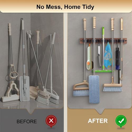 Broom Holder Wall Mount With 5 Slots & 4 Hooks，Rustic Wood Broom & Mop Hanger，