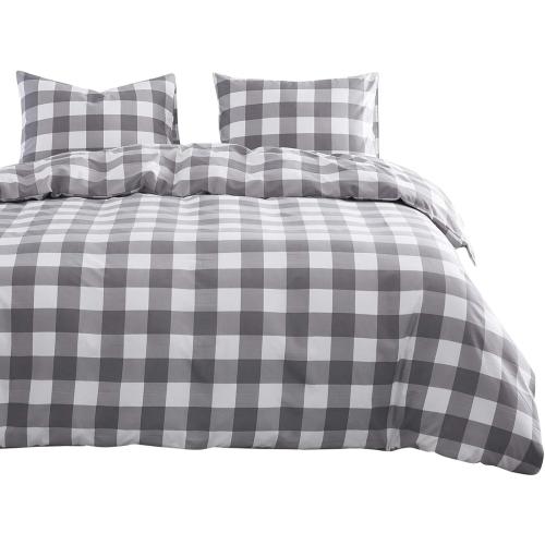 Wake In Cloud - Gingham Comforter Set, Plaid Buffalo Check Checkered Cottagecore Cute Geometric, Soft Lightweight Bedding, 3 Pieces, Gray, Queen Size