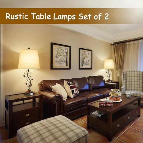 Sheetea 24.5in Farmhouse Table Lamps Set of 2, Rustic Bedroom Lamps with 2 USB Charging Ports, Cream Fabric Shade, Metal & Crystal Finish