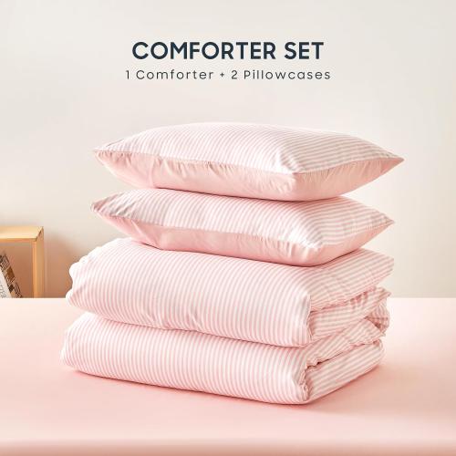 Size 90x90 Color Pink Wake In Cloud - Striped Comforter Set, Ticking Stripe Vertical Pinstripe Neutral Farmhouse Pattern Printed, Soft Lightweight Bedding, 3 Pieces, Pink White,