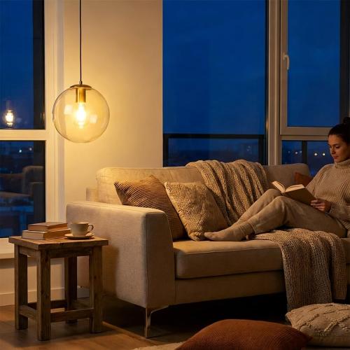 Modern Globe Glass Pendant Light 10” Mid Century Pendant Light Gold Finish Adjustable Hanging Light Fixture Clear Glass Lampshade Kitchen Island Light for Dining Room Bedroom Living Room