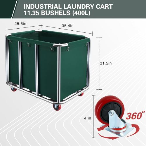 Commercial Laundry Cart with Wheels,11.35 Bushel Commercial Laundry Hamper,Industrial Rolling Laundry Basket with Sturdy Stainless Steel Frame and Oxford Bag for Home Hotel 440 lbs (Blackish Green)